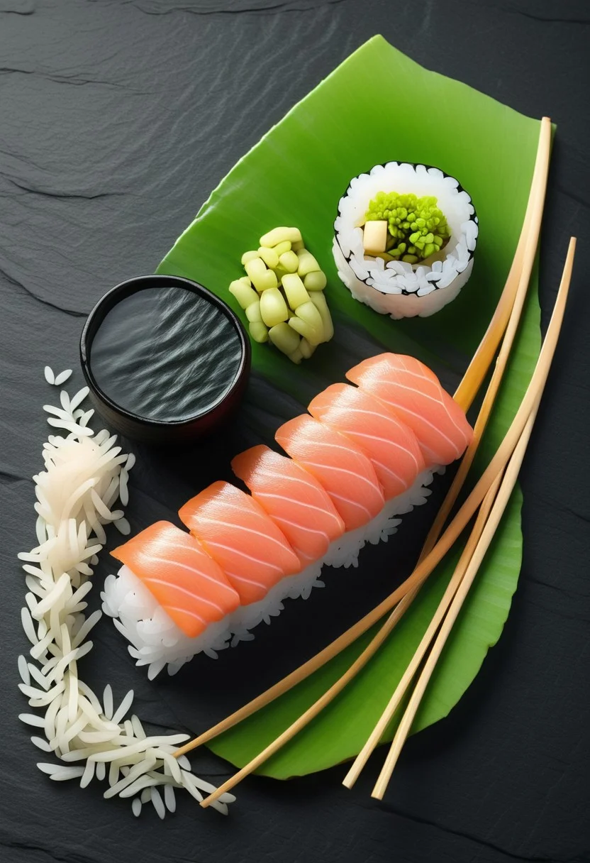 Minimalist Portrait of Sushi Nigiri, Vivid Salmon Pink and Pure Rice White, Set Against a Deep Slate Background, Edged by Soft Waves of Soy Sauce and Green Wasabi Accents, Clean and Precise Presentation Emphasizing the Beauty of Japanese Culinary Art