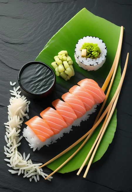 Minimalist Portrait of Sushi Nigiri, Vivid Salmon Pink and Pure Rice White, Set Against a Deep Slate Background, Edged by Soft Waves of Soy Sauce and Green Wasabi Accents, Clean and Precise Presentation Emphasizing the Beauty of Japanese Culinary Art