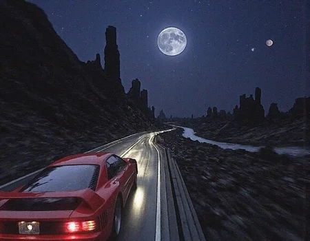 v8s, wide-angle, nighttime, red Ferrari Testarossa driving on high speed on a road in an otherworldly, rocky landscape. The car’s iconic sharp angles and wide rear are visible, with its taillights glowing brightly, casting faint reflections on the rough terrain. Towering jagged rock formations surround the scene, creating an alien-like atmosphere, while a distant, winding river glows faintly in the background. Above, a massive moon and several planets hang in the starry sky. eerie atmosphere, low light, underexposed, in motion, smeared details

