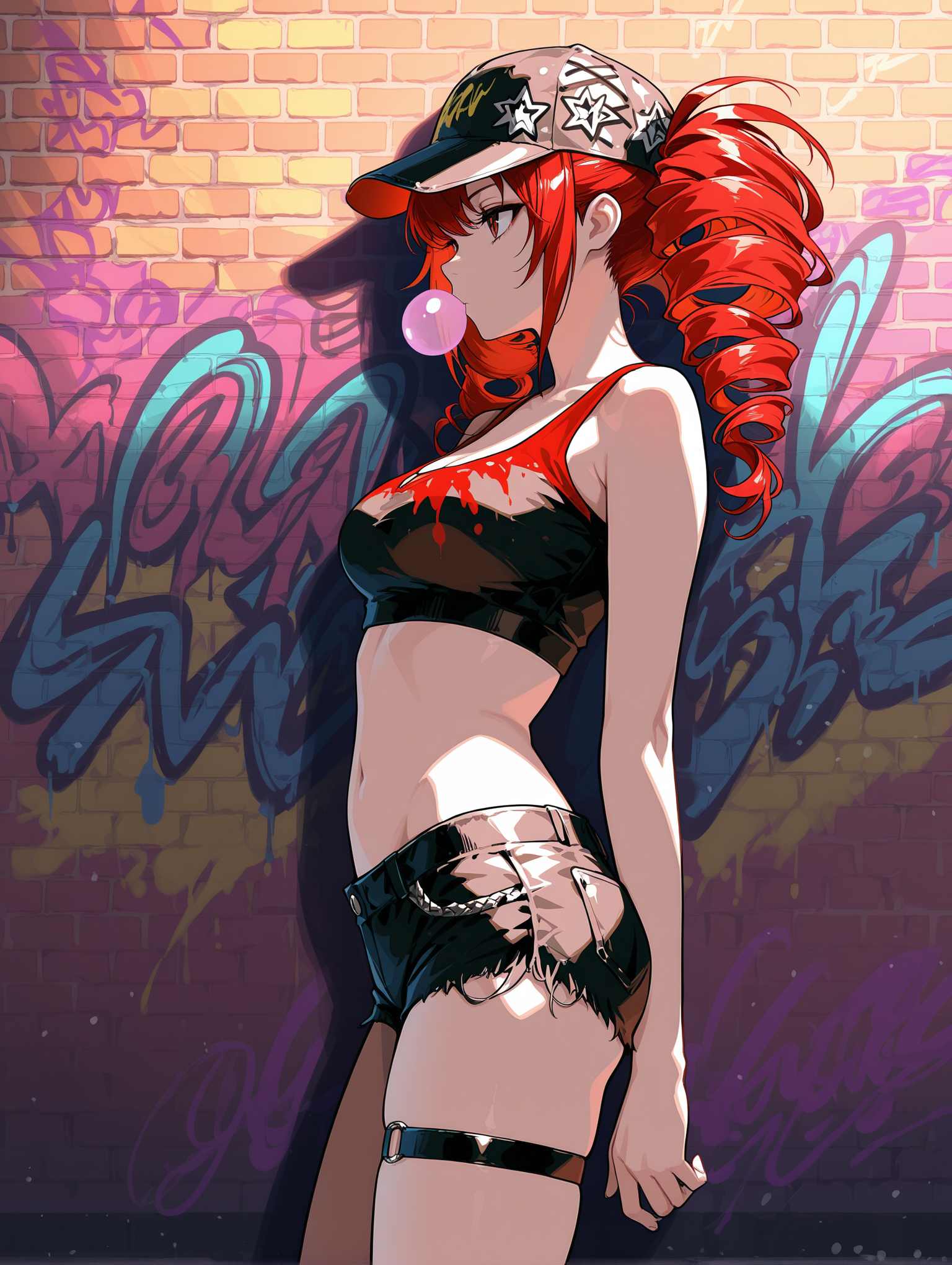 sg punk,1girl,solo,red hair,twin drills,baseball cap,expressionless,chewing gum,medium breasts,crop top,midriff,navel,black shorts,short shorts,thigh strap,arms at sides,looking to the side,from side,standing,cowboy shot,brick wall,colorful,graffiti,masterpiece,best quality,amazing quality,<lora:sg_punk_ilxl_v01:1>,