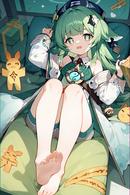 (score_9,score_8_up,score_7_up),<lora:HuoHuo(Honkai Star Rail)-v1-000008:1>,HuoHuo(Honkai: Star Rail),1girl,chromatic aberration,green eyes,barefoot,solo,green hair,long hair,animal ears,bangs,long sleeves,arm up,open mouth,jacket,off shoulder,feet,holding,box,looking at viewer,shorts,bare shoulders,white jacket,shirt,socks,toes,sleeveless,on back,open clothes,open jacket,full body,blunt bangs,indoors,lying,good feet,bare legs,
anime,NSFW,expressive,amazing quality,ultra hd 32k,