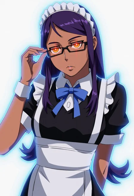 Anime-styled illustration close-up portrait of the character Kakudate Karin from the Blue Archive video-game.
A detailed image of a young woman with a sophisticated and serious expression. She has long, straight, dark purple hair that cascades down her back, and her skin tone is dark. Her eyes are sharp and piercing, with a striking golden-yellow color, with a bright, glowing red light in the center of each pupil which stand out, adding intensity to her gaze. She wears black-framed glasses, which she adjusts with one hand, giving her a thoughtful or analytical appearance.
The character is dressed in a traditional maid outfit, which includes a black dress with white accents. The dress has short sleeves with white cuffs, and she wears a white apron over it. A blue ribbon is tied in a bow at the collar, adding a pop of color to the otherwise monochrome outfit. On her head, she wears a white maid headband, which contrasts with her dark hair.
Her posture is upright and confident, with one arm crossed under her chest while the other adjusts her glasses. The background should be simple or transparent to emphasize the character's design.
Kakudate Karin is highlighted by a faint glowing blue outline around it, indicating that they might be using or preparing to use some sort of power or ability. C0NTR4CT0R