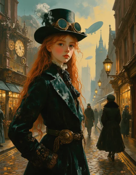 Masterpiece, high quality, Oil Painting, Hyper-realistic, hyper-detailed oil painting half body portrait of a regal 12 year old steampunk princess strolling through a grand, Victorian-era London infused with intricate gears, brass machinery, and towering clockwork structures. She wears a tailored Victorian dress, a long coat with elaborate cogwork embroidery, and a top hat fitted with a pair of fine-tuned goggles. Her body is skinny, and petite with a thin waist. Her skin translucent white, eyes deep green, and long red hair. Steam rises from the cobblestone streets around her, where massive airships hover over the skyline. Ornate lampposts powered by steam cast a warm amber glow, and the bustling city is alive with inventors, automaton-driven carriages, and the hum of industrial innovation. The atmosphere is rich with detailsâwinding pipes, exposed gears, and hints of magical engineering blending seamlessly with the historic architecture of London. The princess moves confidently through this mesmerizing steampunk world, embodying nobility and intellect. Victorian steampunk overtones, brush strokes, warm light, magic, extremely coherent, cute, beautiful, cinematic, stunning, creative, positive, cheerful, unique, cool, inspiring, pure, rational, very inspirational, friendly, thought, glowing, magical, perfect, intricate, wonderful, lovely, novuschroma, del1cate_balance style, in the style of Rembrandt. FS, vantablack <lora:style_of_Rembrandt_FLUX_135:.8> <lora:- Flux1 - vanta_black_V2.0:.8> <lora:Delicate_Balance:.3> <lora:neeeg_f1:-1> <lora:113_novuschromaFLX_1:.2> <lora:Midjourney_Whisper_Minimal:.4> <lora:FS_v2:.5>