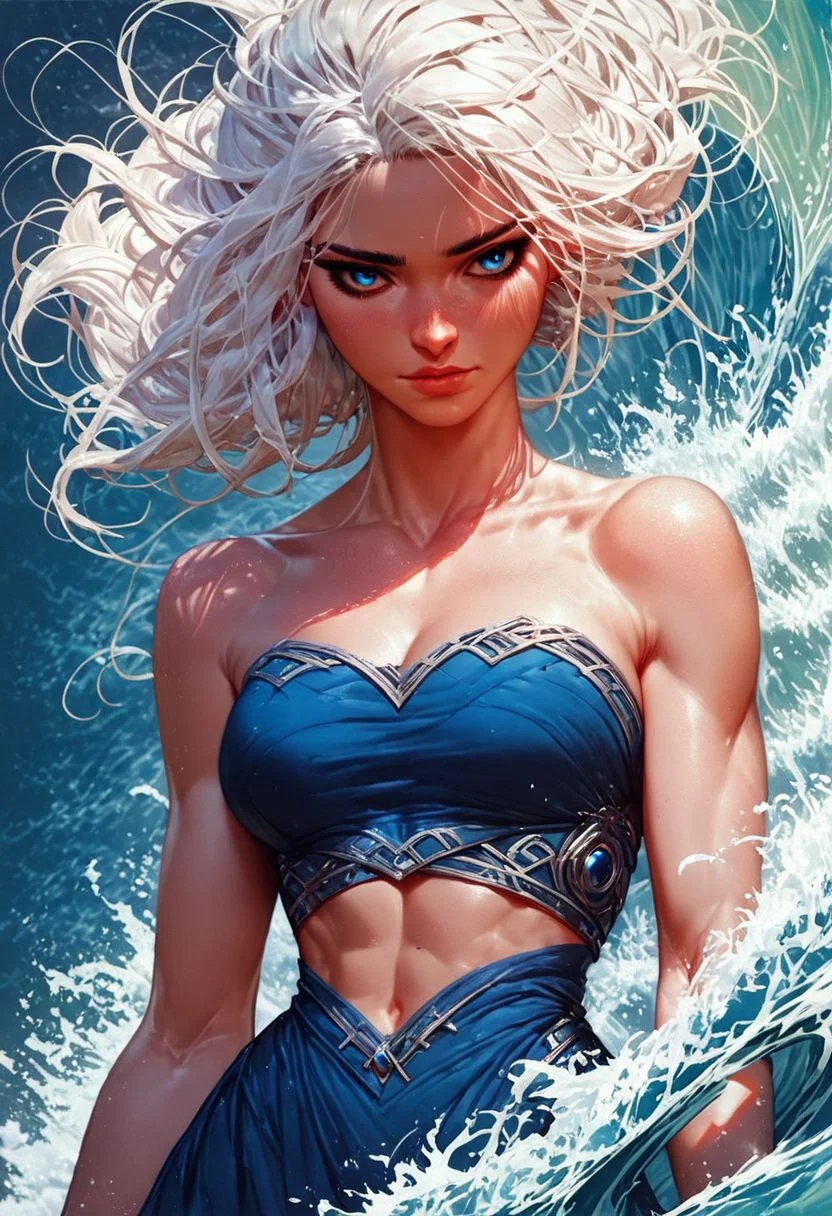 score_9, score_8_up, score_7_up, score_6_up, score_5_up, score_4_up,<lora:Fant5yP0ny:0.8>, 1girl, human, beautiful, white hair, beautiful, blue eyes, perfecteyes, beautiful, surfing, blue dress, midriff, wave background, fantasy,
