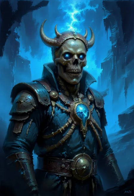 Dark-Fantasy-Cardd-V.2.0 style dark fantasy oil painting with detailed eyes that features A spectral and eerie figure dominates the image, shrouded in an ethereal aura of icy blues and luminous light. This skeletal sorcerer exudes an otherworldly presence, its form wrapped in tattered robes that ripple and dissolve into mist as though consumed by an eternal frost. The armor beneath the decayed fabric glimmers with a metallic sheen, its surface adorned with intricate patterns of arcane design. The centerpiece is a glowing amulet embedded in the chest, radiating a cold, bluish energy that pulses outward, casting shifting light across the surrounding haze. The skull of the figure is crowned with a jagged, ceremonial headpiece that appears ancient, its sharp edges illuminated by a spectral glow. The empty eye sockets blaze with an intense, piercing light, as if harboring the icy flames of undeath. Strands of energy coil around its bony hands, hinting at the destructive magic it commands. Each bone is finely detailed, with cracks and engravings suggesting the weight of time and dark enchantments. The background is a swirling abyss of frosty winds and glowing particles, rendered in deep, celestial blues that evoke a void-like expanse.