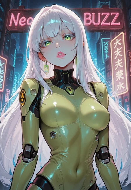 safe_pos, score_9, score_8_up, score_7_up, cyber girl, pale skin, skin texture, robot joints, small boobs, white hair, white eyelashes, green eyes, matrix glitch eyes, long hair spread around, pink lips, green bodysuits, looking for buzz, (((neon sign with “need buzz”))), looking at viewer, frontal view, cinematic masterpiece, vivid colors, 8k
