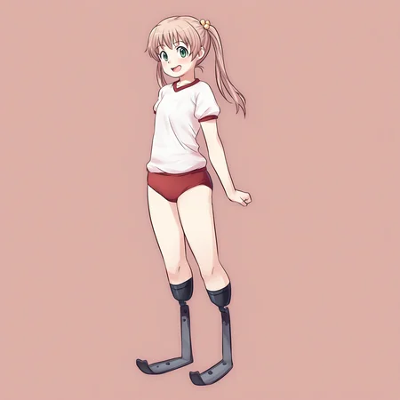 masterpiece, best quality, amazing quality, very aesthetic, absurdres, newest,
1girl, solo, standing, looking at viewer, full body,
<lora:Katawa_Shoujo_charpack_illust-000011:1>, katawa shoujo, gym uniform, red buruma, ibarazaki emi, blonde hair, long hair, twintails, hair bobbles, green eyes, amputee, double amputee, legless amputee, running blades, prosthesis, smile, (open mouth:0.8),
game cg, simple background,