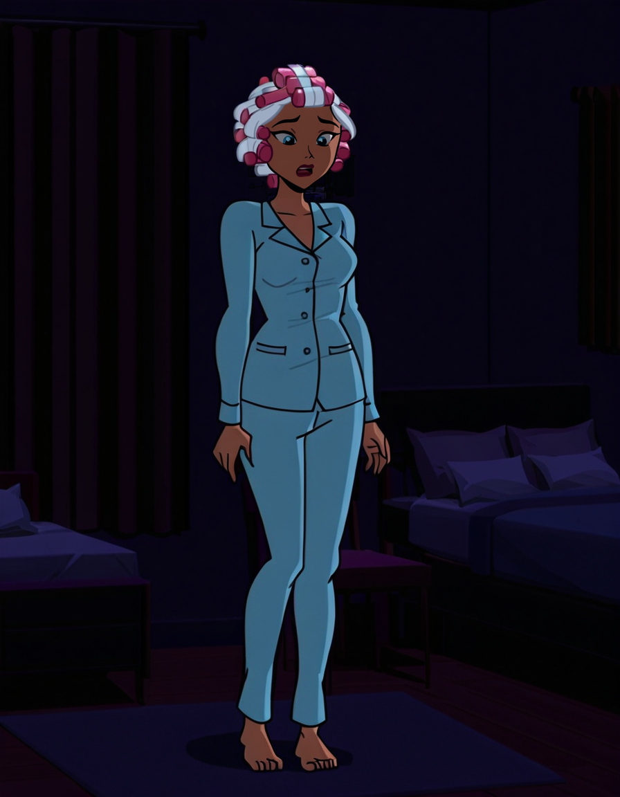 icedc, 1girl, pajamas, solo, barefoot, full body, open mouth, standing, bed, pillow, indoors, curtains, hair curlers, white hair <lora:IceDCIllustrious1.0JLFO:1>