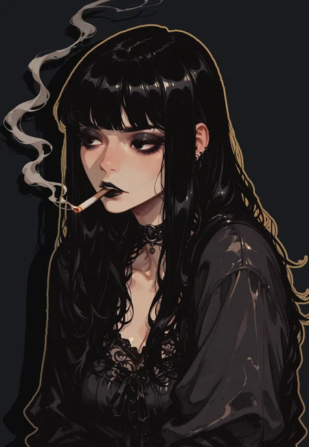score_9, score_8_up, score_7_up, masterpiece, best quality, very aesthetic, detailed face, (dynamic:1.1), incoth, (incase:0.6), 1girl, black hair, long hair, black eyes, asian, goth, smoking, cigarette, light, smoke, curvy, upper body, (illustrative background, art illustration:1.1), keycolor, vibrant, 