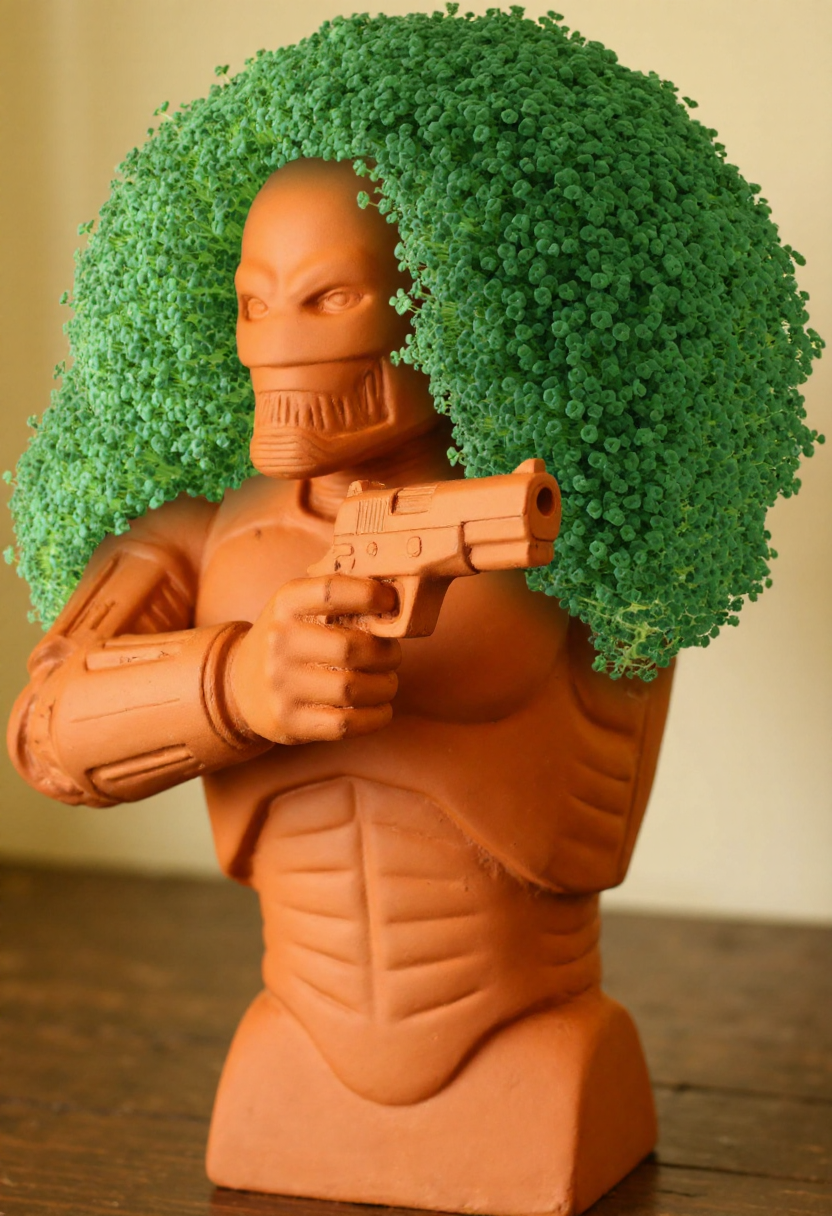 <lora:Chia_Pet_Planter_FLUX-000013:1>
Photograph of a terracotta clay bust of Robocop holding a pistol, adorned with a lush, vibrant green plant. The bust is sitting on a table.