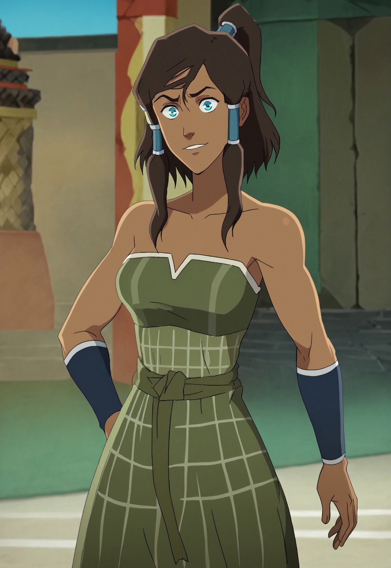 NDAA Style, Korra, hair tubes, 1girl, plaid clothes, plaid dress, brown dress, green dress, strapless dress,