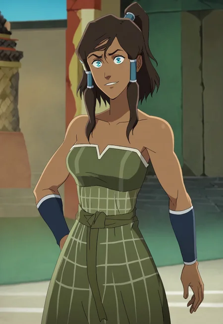 NDAA Style, Korra, hair tubes, 1girl, plaid clothes, plaid dress, brown dress, green dress, strapless dress,