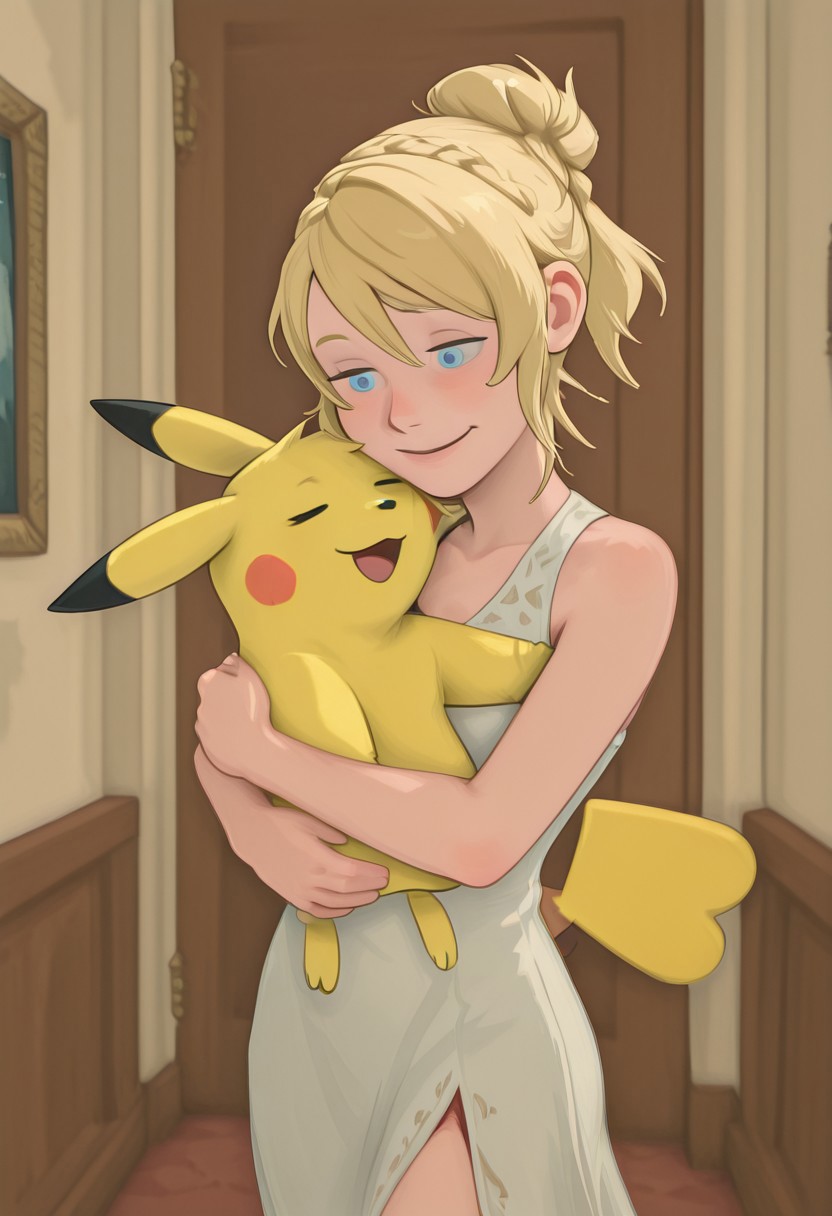 embedding:IllusP0s, g00se, from front, Lunafreya Nox Fleuret, blonde hair, hair up, braid, asymmetrical bangs, sleeveless dress, white dress, blue eyes, hugging pikachu, hug, pikachu, 1girl, solo, loving, smile,<lora:g00se_v2_ill.safetensors:1.0:1.0> <lora:Lunafreya_Nox_Fleuret_ill.safetensors:1:1>