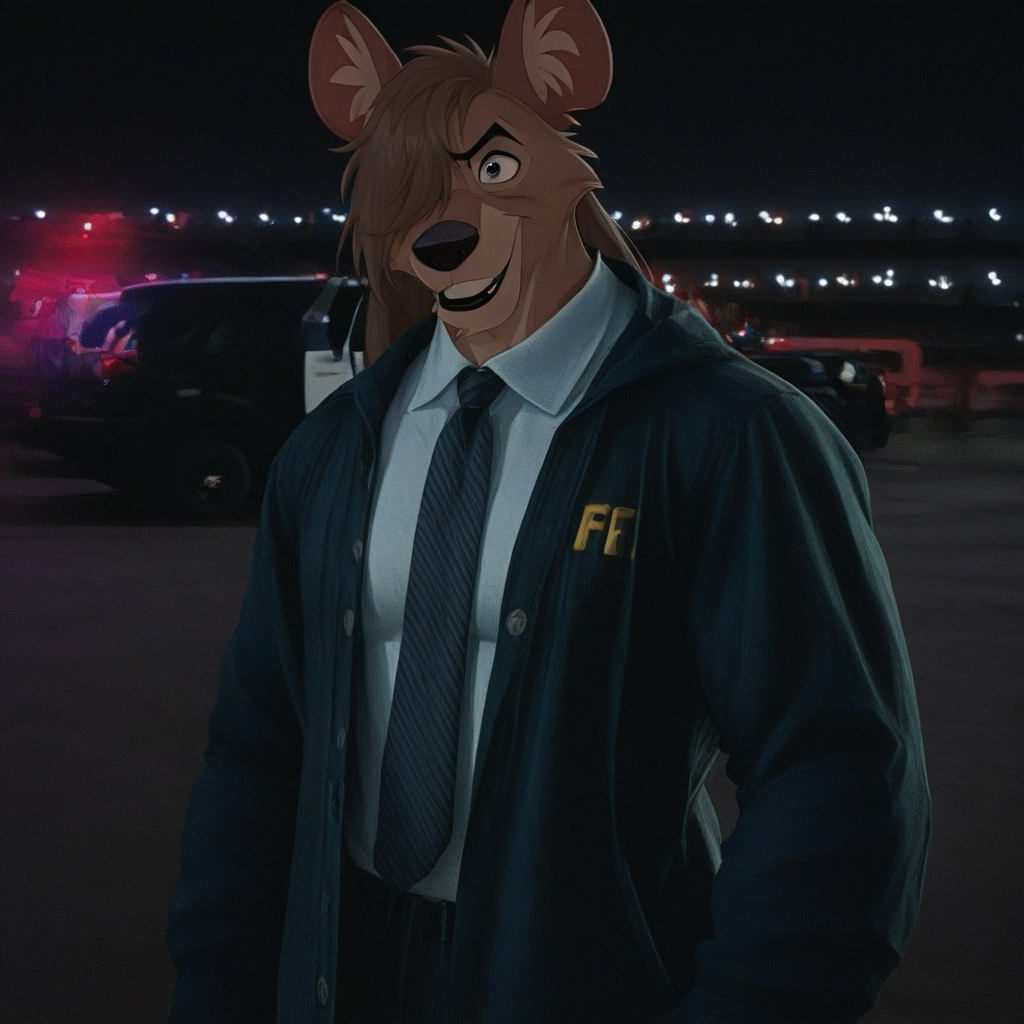 score_9, score_8_up, score_7_up, score_6_up, score_5_up, score_4_up, solo, 1 boy, FBI-Yena, Hyaenidae, Disney, Cartoon Character, Anthro Hyena, African Wild Dog, Furry Male, Tan fur, animal ears, black nose, black eyes, furry ears, real clothes, FBI Jacket, live-action clothes, ((long hair, brown hair, hair covering one eye, black lipstick,  hyper muscles))