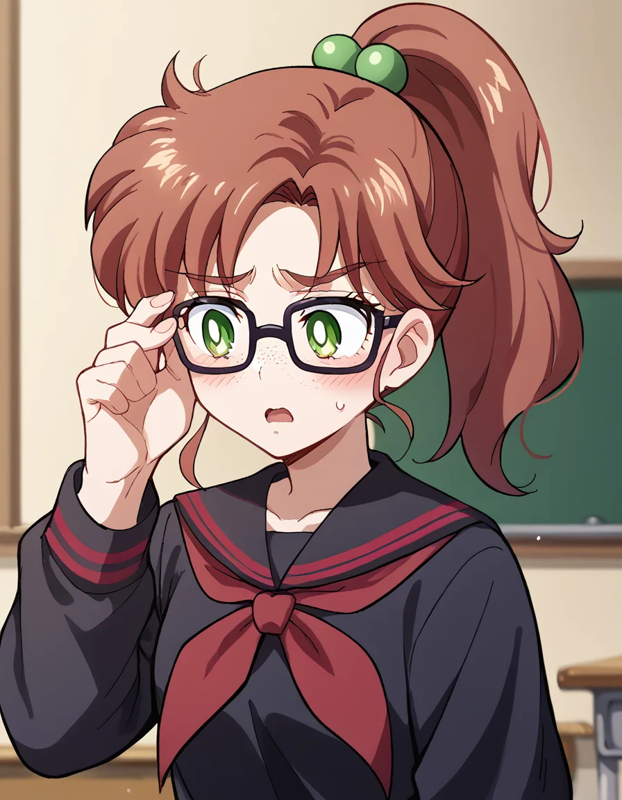 score_9, score_8_up, score_7_up, source_anime, <lora:makoto-kino-eternal-movie1-ponyxl-lora-nochekaiser_r1:1>, makoto kino, brown hair, circlet, green eyes, hair bobbles, hair ornament, medium hair, ponytail, sidelocks, parted bangs,, <lora:jimiko-ponyxl-lora-nochekaiser:1>, jimiko, glasses, black-framed eyewear, messy, unkempt, thick eyebrows, twintails, braids, freckles, baggy eyes,, blush, open mouth, embarrassed, classroom, adjusting eyewear, serafuku, black serafuku, red neckerchief, skirt, black skirt, pleated skirt, cowboy shot, <lora:averting-eyes-ponyxl-lora-nochekaiser:1>, averting eyes,