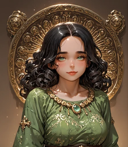 PonyScores7, source_anime, ah1, <lora:natsumi_style:1>, BREAK 1girl, (curly hair), long hair, (black hair:1.3), mature female, (parted hair:1.7), (round face:1.2), (thick eyebrows), (curvy), round-chin, (greenish hazel eyes), caucasian, (downturned eyes:1.2), (plump face), <lora:ETO_OCPonyXL:0.5> eto_oc, skindentation, (plump), thick thighs, wide hips, busty, voluptuous, kinky curls, lips, <lora:venus body PonyXL:0.4>, (shy, blush, smirking at viewer), (Defensive Shield with Counterattack, Raise your shield in front of you and deliver a swift counterattack demonstrating defensive prowess and offensive skill,), (A bustling marketplace in a bustling ancient city, filled with merchants selling handcrafted goods from various cultures (Historical epics),), looking at viewer, (raw sienna emerald green velvet dress with a high neckline paired with black heels), BREAK <lora:xl_more_art-full_v1:0.2>, <lora:shinyskin2:0.2> glistening skin, <lora:aesthetic_anime_v1s:0.2>, <lora:Expressive_H:0.2> Expressiveh, <lora:hairdetailpxl:0.2> hairdetailpxl, <lora:EpicF4nta5yXL:0.2>, <lora:detailxl:0.2> detailxl, <lora:Fant5yP0ny:0.2>, best quality, amazing quality, best aesthetic, absurdres, <lora:expressive eyes:0.2> expressive eyes, <lora:eyedetailpxl:0.2> eyedetailpxl, illustration, Volumetric_Lighting, ultra-detailed, very aesthetic, intricate details, 8k, masterpiece, best_quality, BREAK (View from Above shot), BREAK <lora:Eyes_High_Definition:0.3> EyesHD, Stable_Yogis_PDXL_Positives, AS-Adult, <lora:Complicated fantasy portrait - XL Pony V2.0:0.4>, bad-hands-5,