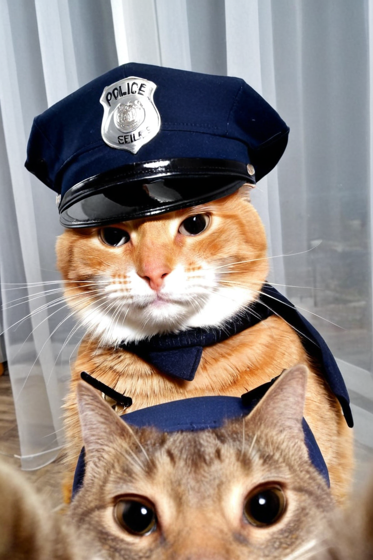 cat makes selfie, looks in camera,solo, police hat