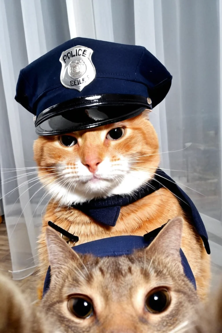 cat makes selfie, looks in camera,solo, police hat