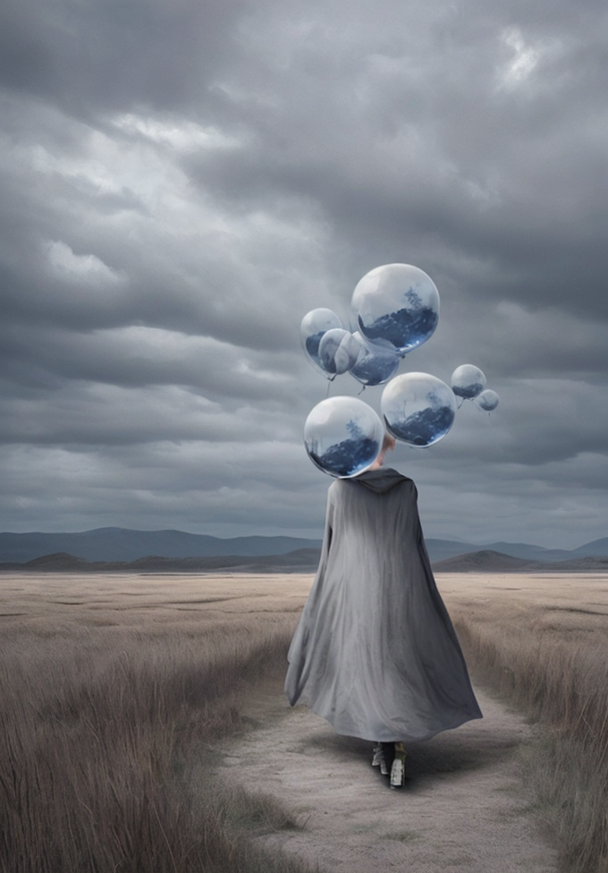 surrealism, a woman standing in a field with balloons floating over her head, inspired by Mike Winkelmann, grey tarnished robes, nestor canavarro hyperrealist, glass sphere, grey clouds, alchemical still