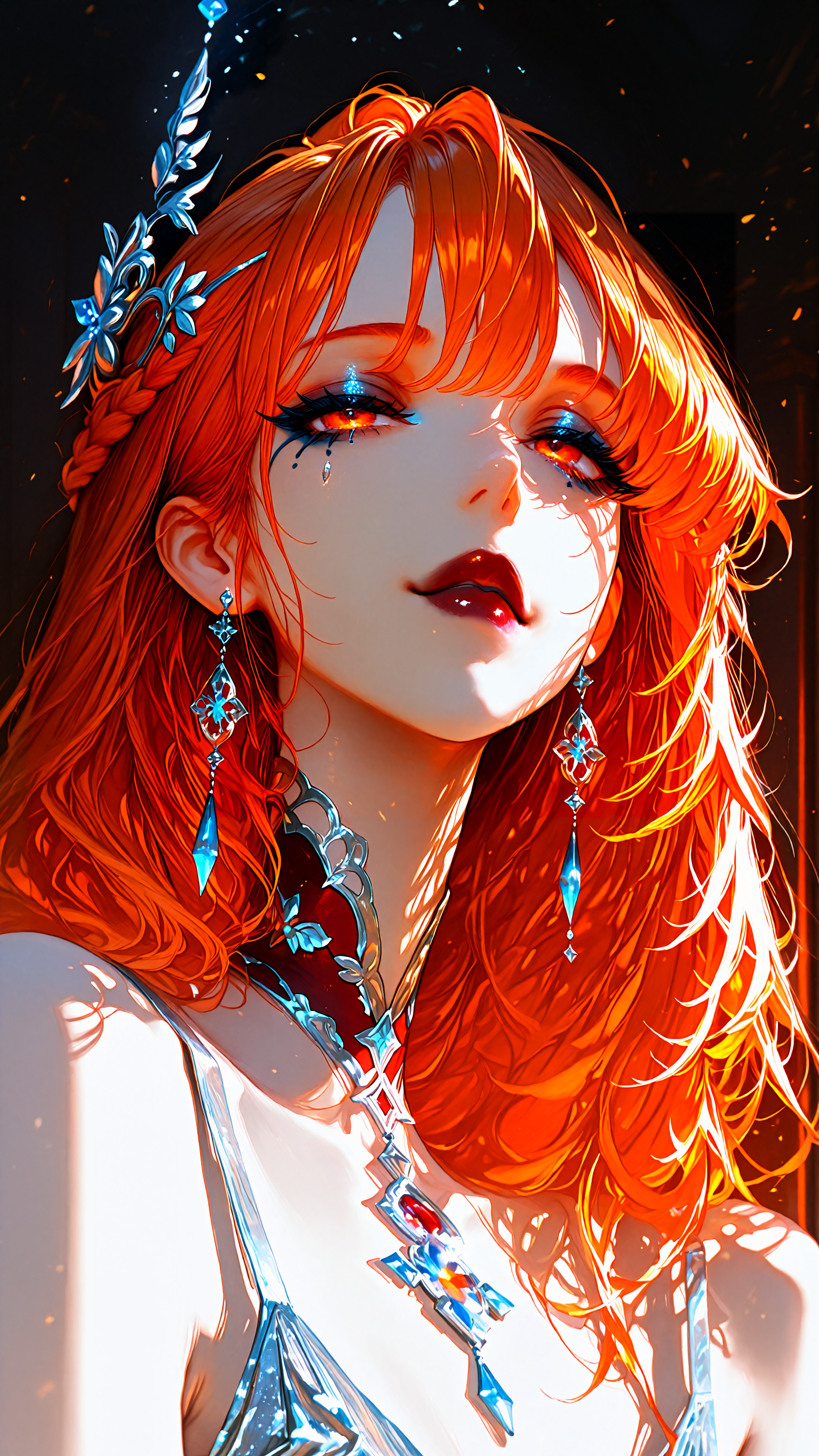 masterpiece, newest,absurdres,incredibly absurdres, best quality, amazing quality, very aesthetic,
1girl, portrait, orange hair, layered strands, side-swept bangs, loose curls, braided side crown, subtle highlights, blue eyeliner, shimmering silver eyeshadow, long eyelashes, glossy dark red lips, confident expression, direct gaze, sculpted eyebrows, elegant poise,
high detail, soft shading, anime style
<lora:HassaKu_style:1> realistic, HassaKu_illu  <lora:Lifeline_Illu_Edition:1> LL-Illu <lora:Face_Enhancer_Illustrious:1>