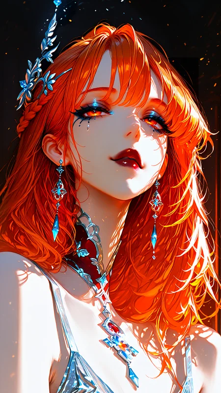 masterpiece, newest,absurdres,incredibly absurdres, best quality, amazing quality, very aesthetic,
1girl, portrait, orange hair, layered strands, side-swept bangs, loose curls, braided side crown, subtle highlights, blue eyeliner, shimmering silver eyeshadow, long eyelashes, glossy dark red lips, confident expression, direct gaze, sculpted eyebrows, elegant poise,
high detail, soft shading, anime style
<lora:HassaKu_style:1> realistic, HassaKu_illu <lora:Lifeline_Illu_Edition:1> LL-Illu <lora:Face_Enhancer_Illustrious:1>