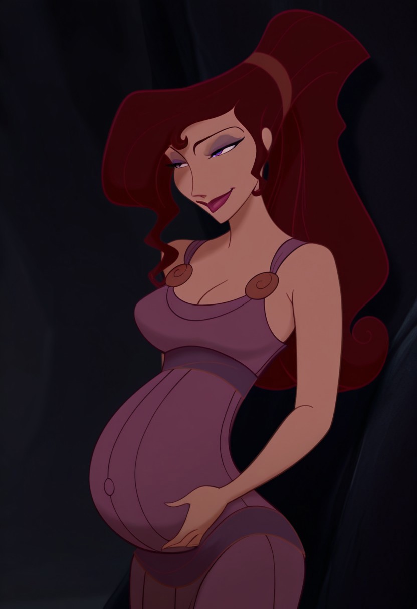 1girl, masterpiece, best quality, amazing quality, absurdres, <lora:Megara__Illustrious:1> m3g4r4, megara (hercules disney), long hair, tied hair, brown hair, purple eyes, purple Greek dress, cleavage, sexy makeup, lipstick, flirtatious, seductive, alluring, smiling, pregnant,