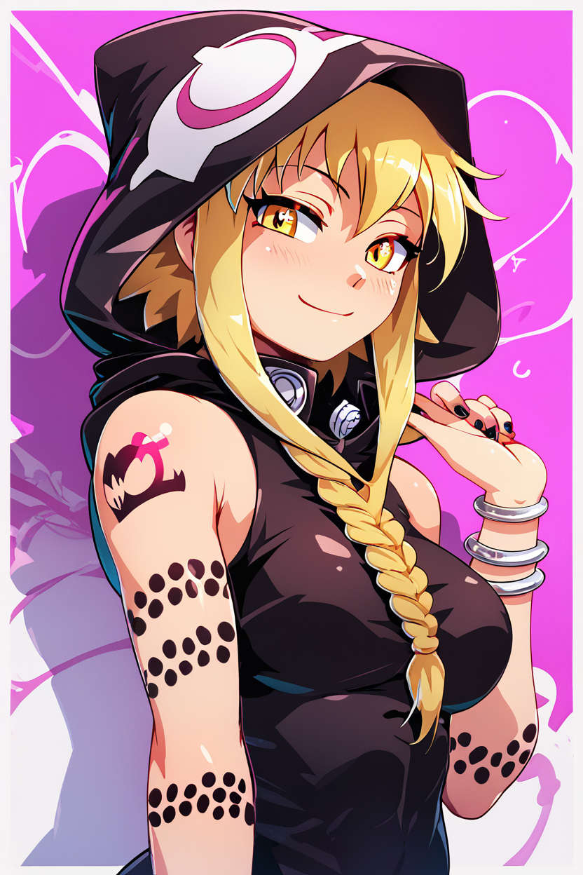 score_9, score_8_up, score_8, medium breasts, (curvy), cute, eyelashes,       BREAK, , zzMedusa, blonde hair, long hair, braid, yellow eyes, tattoo,  hood, jewelry, bracelet, sleeveless, nail polish, hoodie, braid, black nails,  <lora:Medusa_SoulEater_PDXL_v2:1.0>, BREAK, smile, closed mouth, looking at viewer, cowboy shot, ,,, embedding:zPDXL, Expressiveh, ,,, <lora:Konpeto_PDXL_v3:1.0>, <lora:SDXLFaeTastic2400:0.5>, <lora:Expressive_H-000001:0.4>,