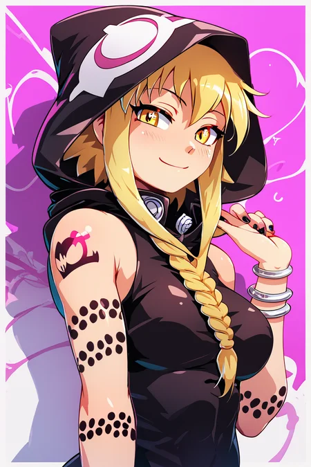 score_9, score_8_up, score_8, medium breasts, (curvy), cute, eyelashes, BREAK, , zzMedusa, blonde hair, long hair, braid, yellow eyes, tattoo, hood, jewelry, bracelet, sleeveless, nail polish, hoodie, braid, black nails, <lora:Medusa_SoulEater_PDXL_v2:1.0>, BREAK, smile, closed mouth, looking at viewer, cowboy shot, ,,, embedding:zPDXL, Expressiveh, ,,, <lora:Konpeto_PDXL_v3:1.0>, <lora:SDXLFaeTastic2400:0.5>, <lora:Expressive_H-000001:0.4>,