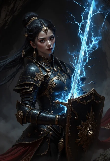 detailed renaissance oil painting, masterpiece, FredFraiStyle, an oriental female knight in black Armor with gold embellishments, long flowing hair, earrings, dark eyeshadow, red lips, holding a sword (glowing blue, with blue electrical energy flowing through it) and shield an a battle-ready stance, dynamic pose, in a dark, damp cave, directional lighting, masterpiece, mythp0rt, perfect composition, perfect hands, cowboy shot