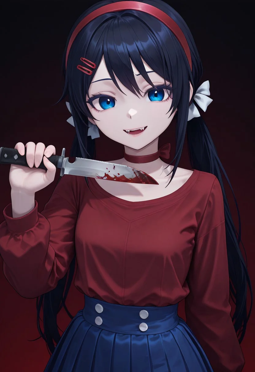 beautiful smile, vampire fangs visible, holding a knife, blood everywhere, mita,1girl, solo, petite, hair ornament, perfect, sexy, twintails, red choker, red hairband, long hair,blue_eyes, black hairs, blue skirt, white bows, two ordinary small red clips, red shirt, bright colors, contrast light, dark scary vibe background