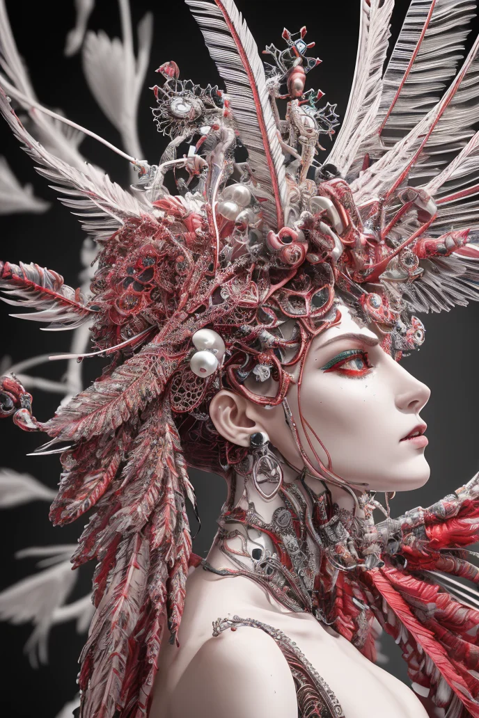 complex 3d render ultra detailed beautiful death angel, biomechanical cyborg, analog 150 mm lens, beautiful natural soft rim light, crystal feathers, roots, fine foliage lace, colorful details, Boris Bidjan Saberi outfit, pearl earrings, piercing, art nouveau fashion embroidered, intricate details, mesh wire, mandelbrot fractal, facial muscles, cable wires, microchip, badass, hyper realistic, ultra detailed, octane render, volumetric lighting, 8k post-production, red and white with a bit of black, detailled metalic bones, semi human, iridescent colors, Glenn Brown style, futuristic room, power of the god, high-angle shot, complex body poses