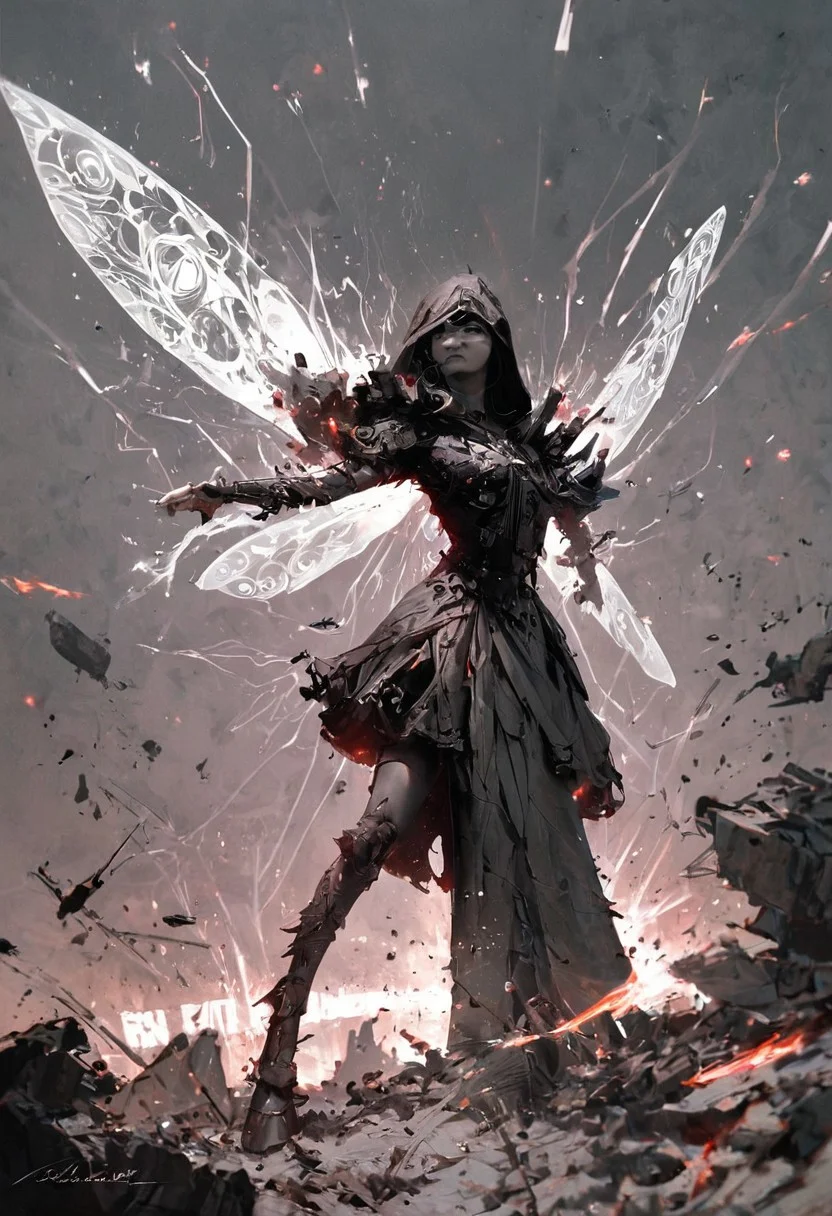 score_9, score_8_up, score_7_up, cinematic photo, dramatic lighting, dynamic pose, fantastic,
A woman in swirling black and grey high dress clothing with a hood,
((She wields a pair of thin glowing pink blades with an obsidian cross guard)),
(She has uniquely colored and shaped, translucent fairy wings sweeping behind her, with charcoal grey and smoke like elements),
Her short black hair partially obscures her intense, teal-eyed gaze,
Sparks and ash fly around her in the dimly lit, background of a futuristic spaceship interior,
Glowing, action, intense, Anime style, high contrast, and saturated colors. <lora:Neon_Splash_Art_for_Pony:1>