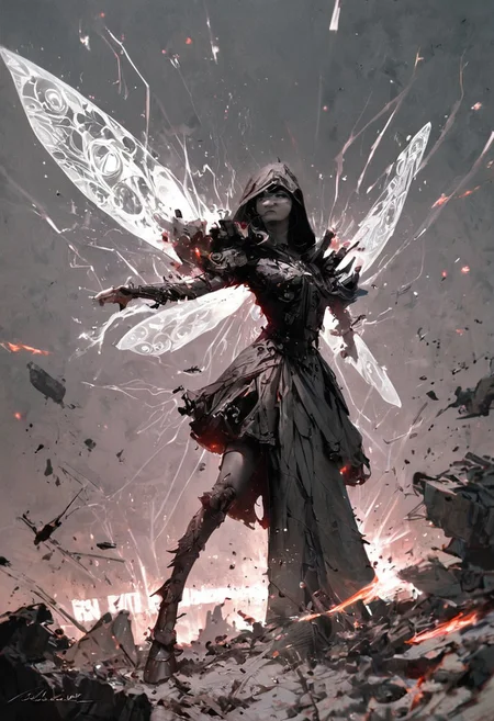 score_9, score_8_up, score_7_up, cinematic photo, dramatic lighting, dynamic pose, fantastic,
A woman in swirling black and grey high dress clothing with a hood,
((She wields a pair of thin glowing pink blades with an obsidian cross guard)),
(She has uniquely colored and shaped, translucent fairy wings sweeping behind her, with charcoal grey and smoke like elements),
Her short black hair partially obscures her intense, teal-eyed gaze,
Sparks and ash fly around her in the dimly lit, background of a futuristic spaceship interior,
Glowing, action, intense, Anime style, high contrast, and saturated colors. <lora:Neon_Splash_Art_for_Pony:1>