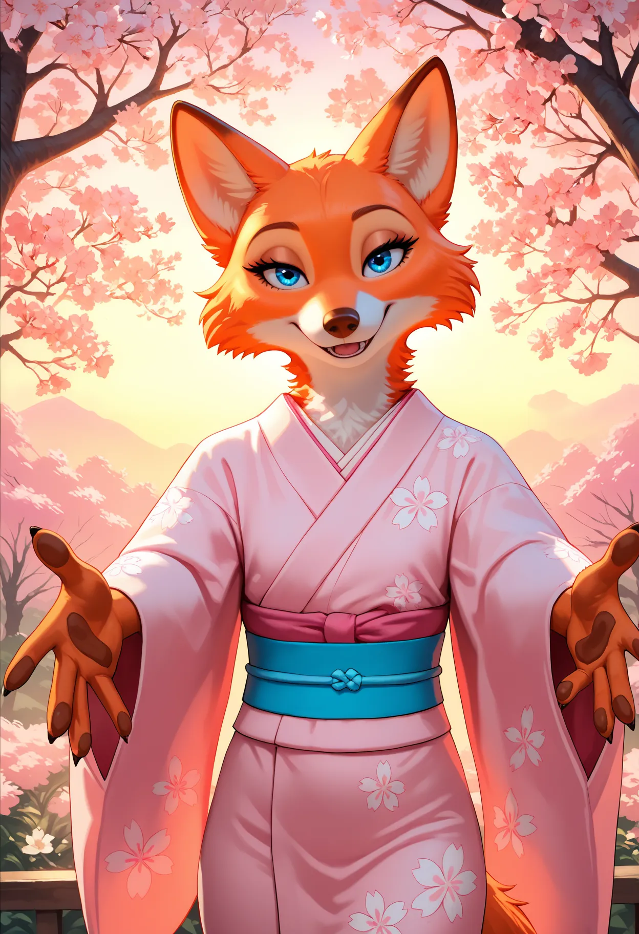 masterpiece, best quality, newest, absurdres, highres, safe, beautiful lighting, detailed, realistic, BREAK,
marianc, 1girl, solo, female, fox, orange fur, blue eyes, brown nose, flat chest, looking at viewer, kimono, pink kimono, arms out, impending hug, offering hug, confident, smile, eyes half closed, pleased, pleasant, floral pattern, standing, from front, facing viewer, tail, ears, (closeup:1.2), sunset, pink hues, sakura blossoms, outdoors, nature, POV,
, <lora:Marian_v10Noob3-9s96:0.8>    <lora:noobai_ep11_stabilizer_v0.138_fp16:0.8>