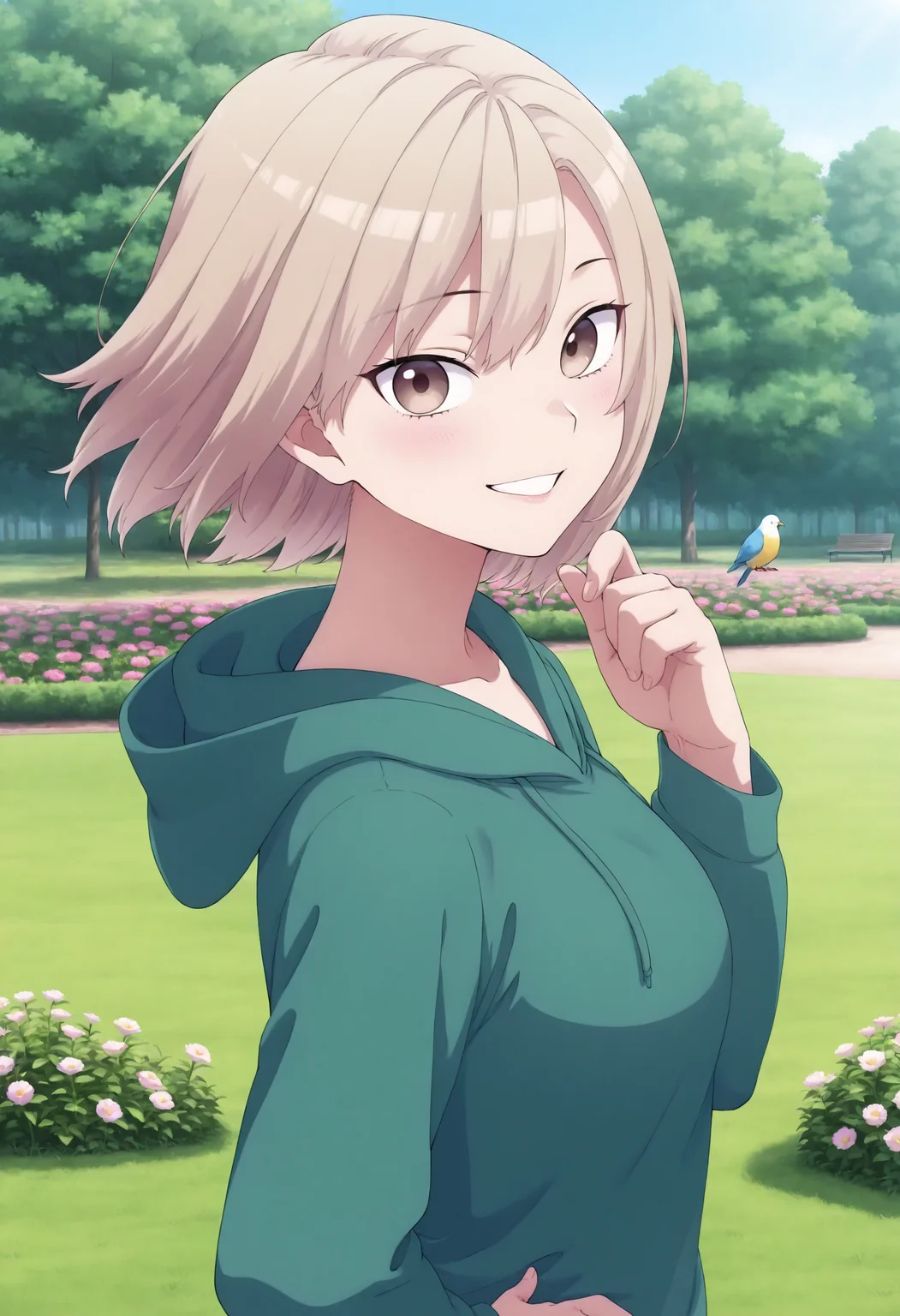 1girl, solo, woman, 24yo, furukimaya, tan hair, short hair, brown eyes, medium breasts, ray tracing, anime style,
outside,bright smile, happy, park, (flowers:1.2), sunny day, birds, looking at viewer, green hoodie, hood down, parted lips, wind, one hand on hip, grass, light blush, masterpiece, best quality, amazing quality