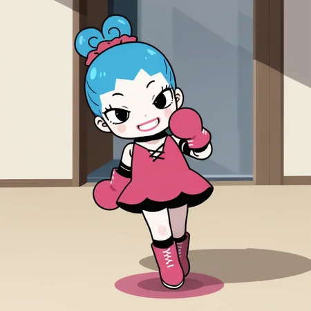 score_9, score_8_up, score_7_up BREAK RingRingP, 1girl, light blue hair, pink scrunchie, pale skin, black eyes, pink circle blush, pink lipstick, sleeveless v-neck pink dress, pink gloves, white-laced pink boots, evil smile, full body, cute pose, evil grin, anime, source_anime,