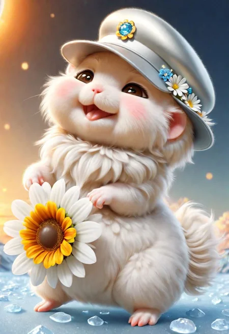 ral-fluff,<lora:ral-fluff:1>,
chibi,masterpiece,best quality,original,official art,silver metallic hamster, hat,flower,blurred background,rendering,beautiful detailed glow,(detailed ice),beautiful detailed sun,sunny, blurred flower, happy