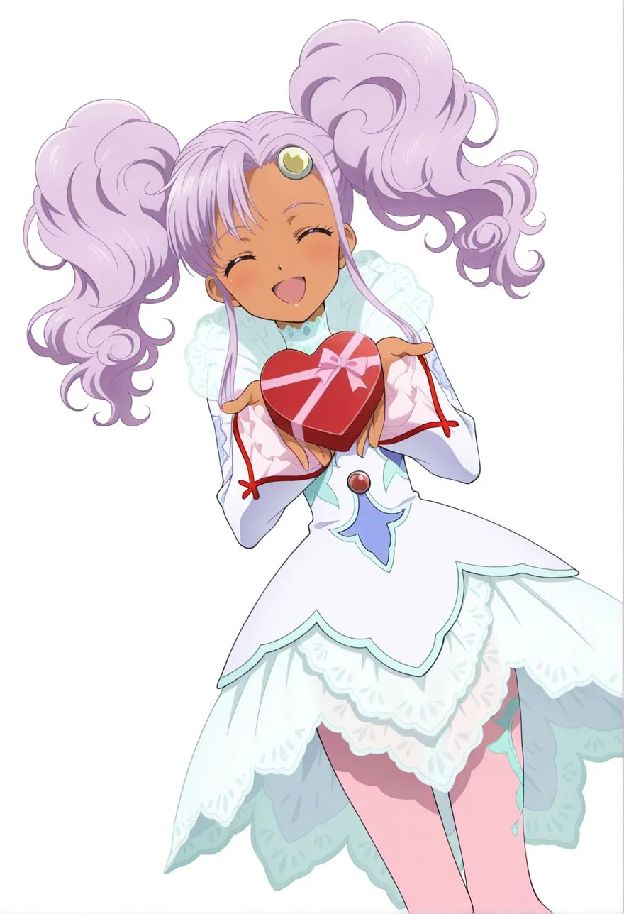 detailed eyes, beautiful, detailed background, perfect eyes,
source_anime, very aesthetic, anime coloring, masterpiece, official art,
<lora:HandFineTuning_XL:1>
BREAK,
simple background, white background, heart,
closed eyes, open smile, presenting a chocolate box,
cowboy shot , dynamic angle,
looking at viewer,
BREAK,
<lora:meredy_illustriousXL_v02:0.9>
meredyceles, twintails, purple hair, wavy hair, purple eyes, dark skin, sidelocks, long hair,
white dress, long sleeves, lace collar, lace sleeves, lace dress,
pink pantyhose, pantyhose pattern,