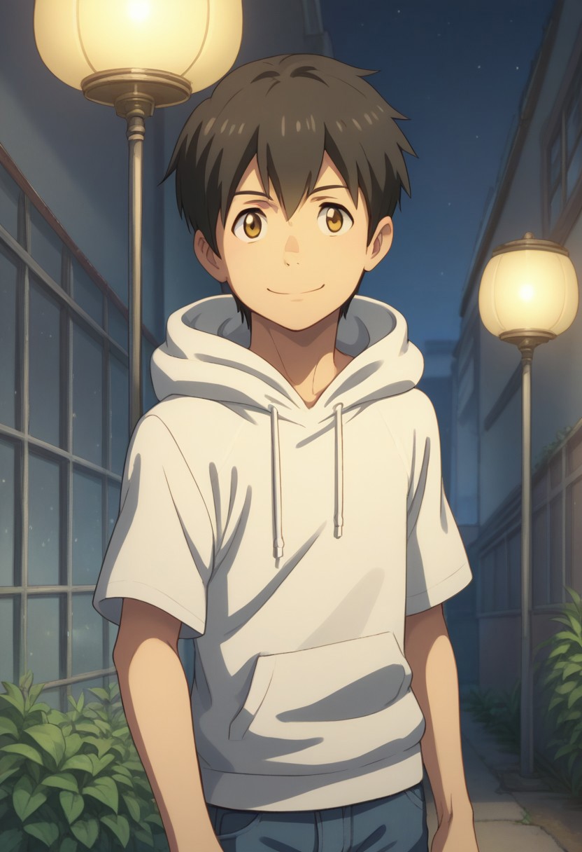 score_9, score_8_up, source_anime, highly detailed, 
hodaka, 1boy, male focus, solo, black hair, brown eyes, pants, t-shirt, pants, socks, upper body, 
outdoor, tokyo, hoodie, hood, hood up, smile, night, lamplight,