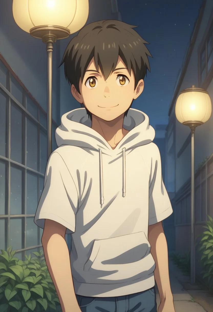 score_9, score_8_up, source_anime, highly detailed,
hodaka, 1boy, male focus, solo, black hair, brown eyes, pants, t-shirt, pants, socks, upper body,
outdoor, tokyo, hoodie, hood, hood up, smile, night, lamplight,