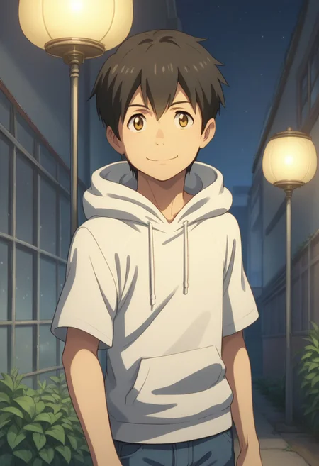 score_9, score_8_up, source_anime, highly detailed,
hodaka, 1boy, male focus, solo, black hair, brown eyes, pants, t-shirt, pants, socks, upper body,
outdoor, tokyo, hoodie, hood, hood up, smile, night, lamplight,