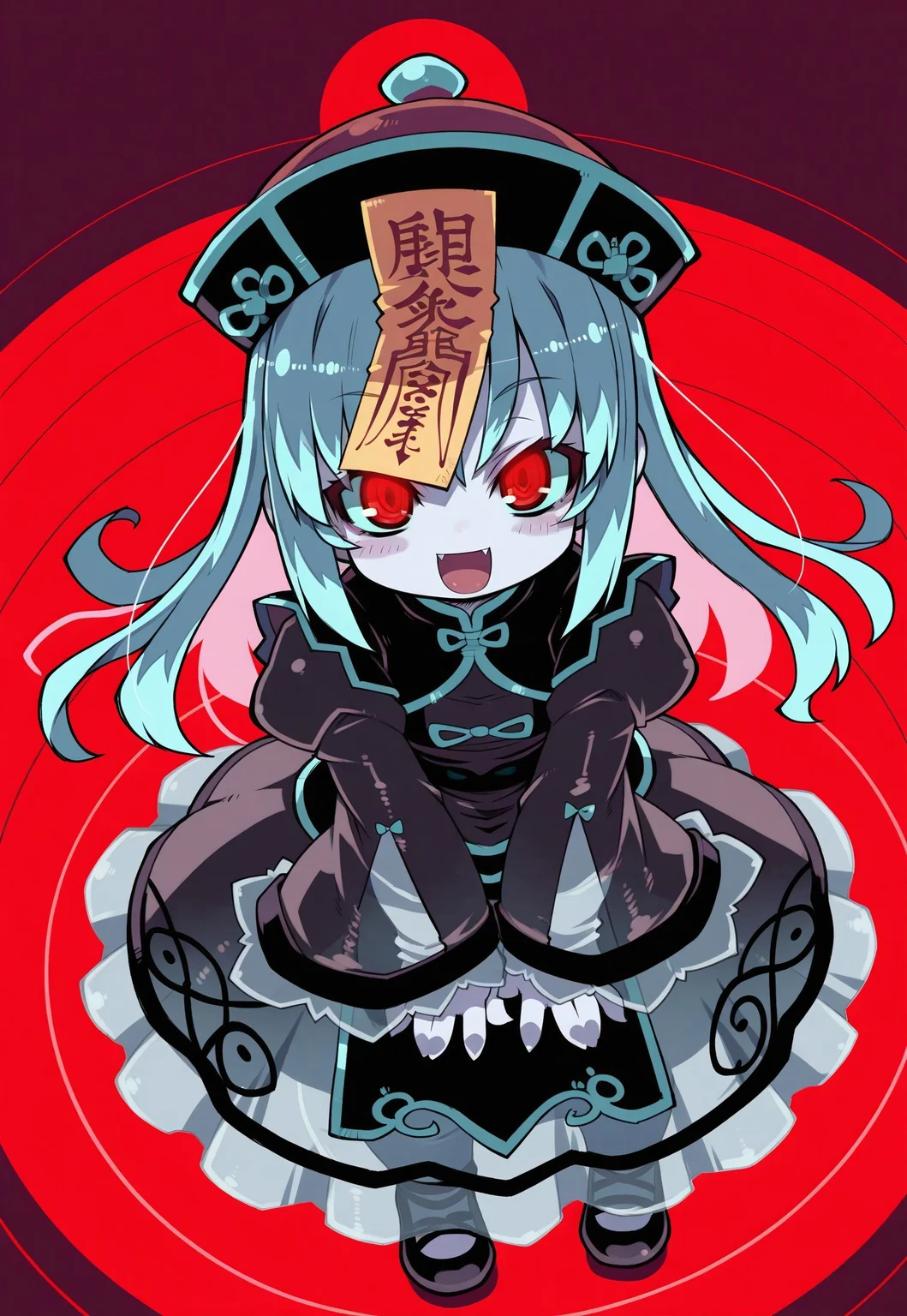 art by Zankuro, 1girl, masterpiece, best quality, absurdres, very aesthetic, long hair, (chibi, big head), corrupted jiangshi princess, wearing dark pastel ruffled gleaming oily translucent gown with (shiny translucent sleeves:1.3), intricate gown, jinagshi dress, bishop sleeves, long sleeves, wide sleeves, multilayered skirt, translucent skirt, long skirt, translucent bell skirt, (lots of translucent frills and bows), cute fangs, cute shoes, ofuda, (ofuda on head:1.2), (smile, open mouth),
(red eyes, glowing eyes, pale blue skin, jiangshi:1), (translucent, see-through silhouette:1.2), translucent latex,
red moonlight, detailed background,
three quarter view, dutch angle, from above, foreshortening, v arms,
intricate, highly detailed, majestic, shallow depth of field, movie still, circular polarizer, extremely detailed, ray tracing, octane render, sharp focus, 8k, 4k, hyper detailed, illustration, soft lighting, high resolution, sharp detail