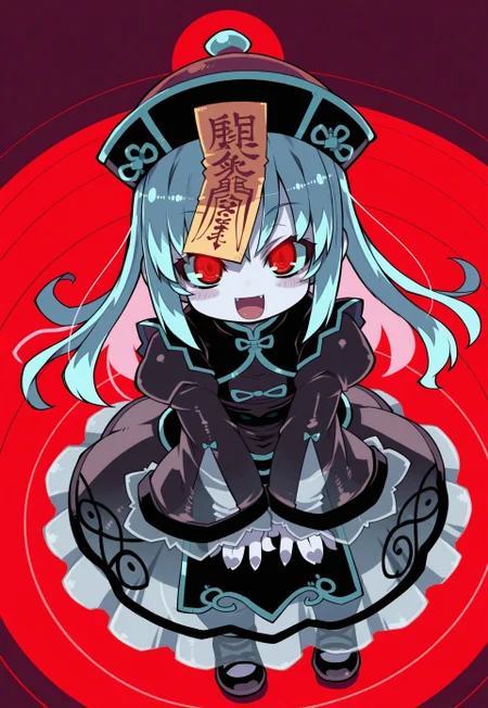 art by Zankuro, 1girl, masterpiece, best quality, absurdres, very aesthetic, long hair, (chibi, big head), corrupted jiangshi princess, wearing dark pastel ruffled gleaming oily translucent gown with (shiny translucent sleeves:1.3), intricate gown, jinagshi dress, bishop sleeves, long sleeves, wide sleeves, multilayered skirt, translucent skirt, long skirt, translucent bell skirt, (lots of translucent frills and bows), cute fangs, cute shoes, ofuda, (ofuda on head:1.2), (smile, open mouth),
(red eyes, glowing eyes, pale blue skin, jiangshi:1), (translucent, see-through silhouette:1.2), translucent latex,
red moonlight, detailed background,
three quarter view, dutch angle, from above, foreshortening, v arms,
intricate, highly detailed, majestic, shallow depth of field, movie still, circular polarizer, extremely detailed, ray tracing, octane render, sharp focus, 8k, 4k, hyper detailed, illustration, soft lighting, high resolution, sharp detail