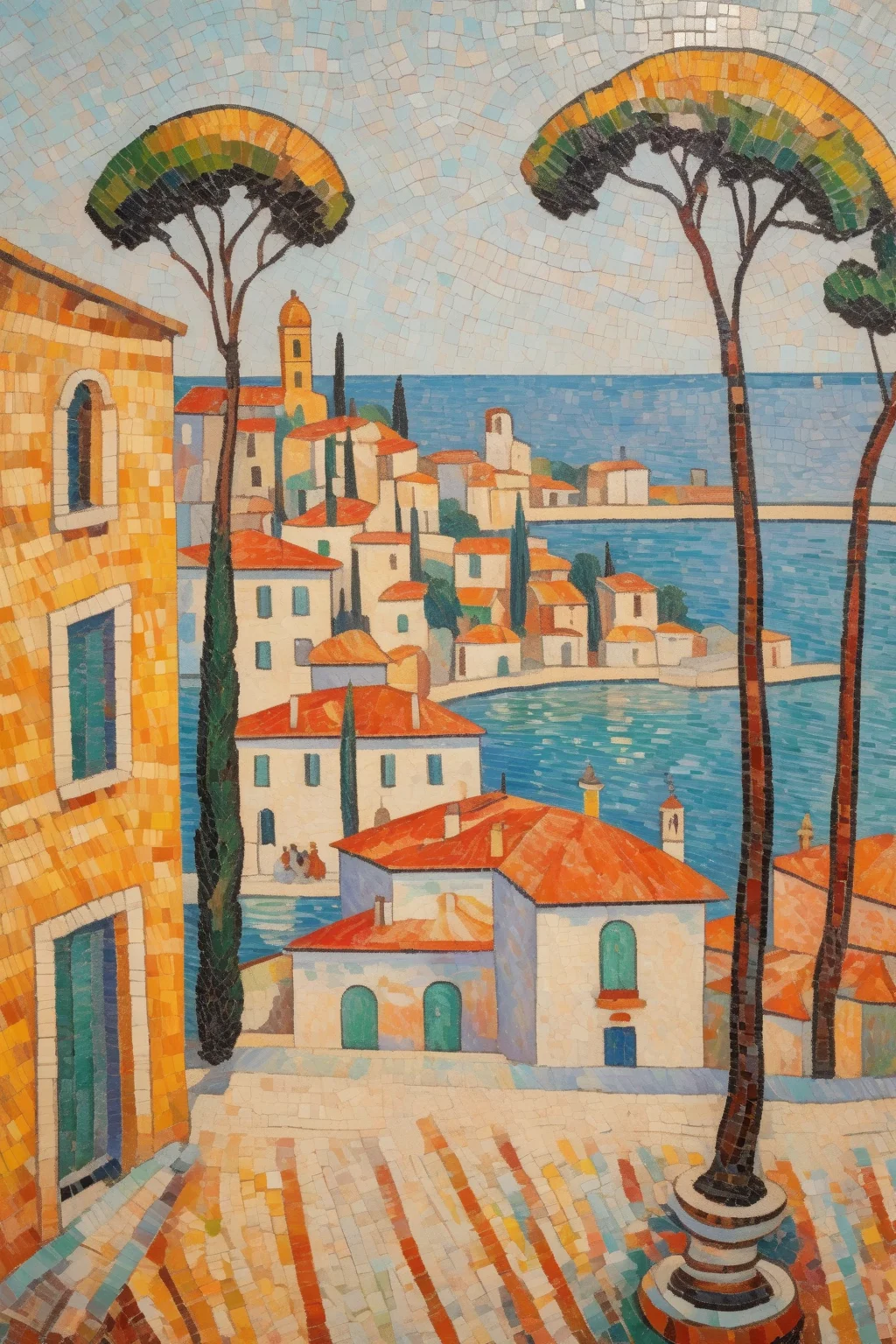 <lora:Paul Signac Style:1>Paul Signac Style - Charles angrand landscape painting of a rural italian seaside town with brightly colored buildings, featuring a small piazza with a fountain and a view of the sea in the distance, mosaic style with thick brush strokes