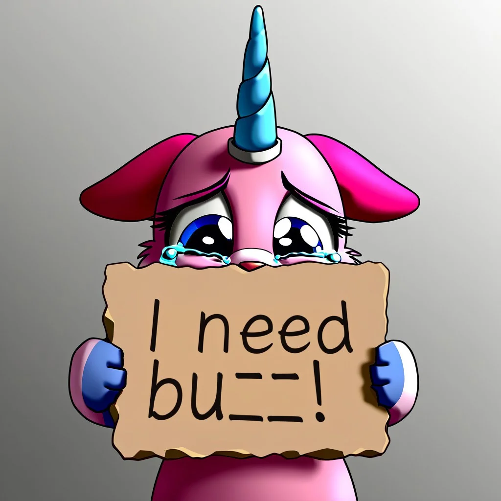 1girl, solo, Unikitty, pink fur, blue eyes, ears down, floppy ears, blue horn, single horn, two-tone fur, upper body, sad, crying, cute, frown, sad, need_buzz, holding sign, masterpiece, best quality