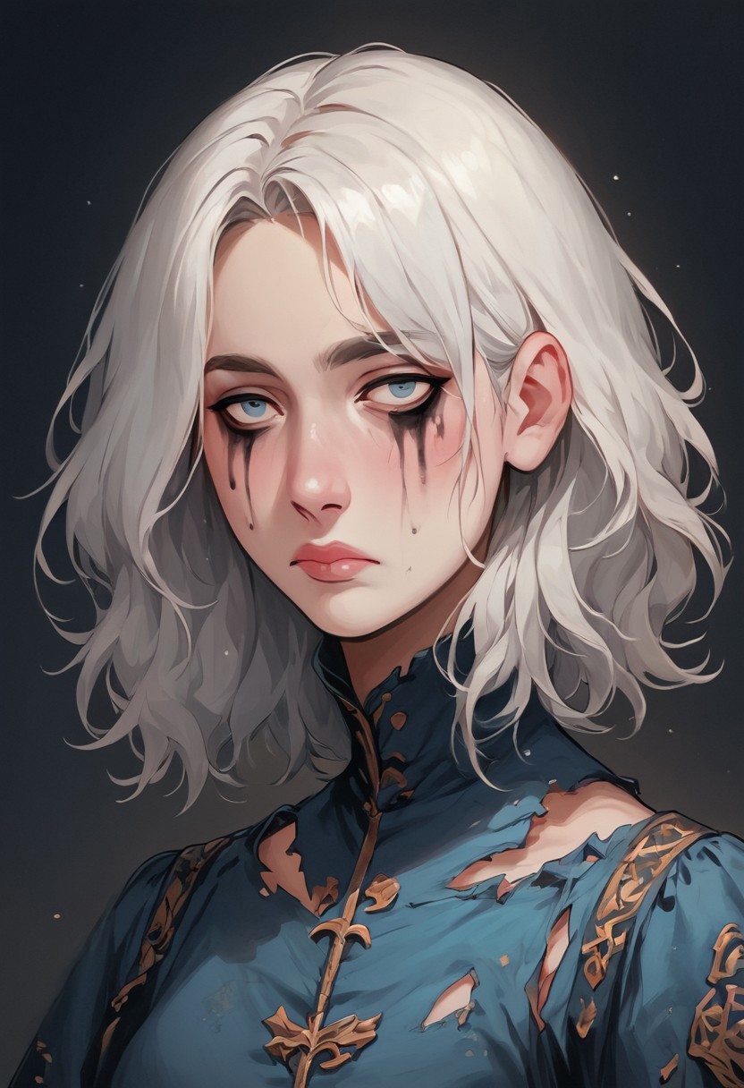 score_9, score_8_up, score_7_up, score_6_up, aesthetic, painting, portrait, young woman, fantasy character, empty eye sockets with blue light, white hair, short straight hair to shoulders, (dark eyeliner), running mascara, pale lips, (pale skin), small lips, sad image, exhausted girl, cold colors, tired look, looks straight into the camera, without emotions, old torn clothes, camera front view, blue light falls on face, dark background, round face shape