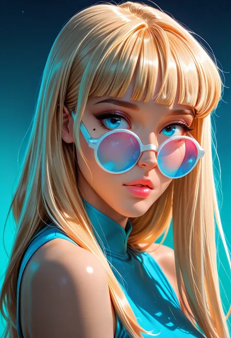 decarloxl, retro colors, 60s, retro, comic, fantasy, jedopil, oil painting, perfect eyes, vivid colors, vibrant colors, (lineless:1.5), light from front, 1girl, solo, long hair, looking at viewer, bangs, blue eyes, simple background, shirt, blonde hair, white background, bare shoulders, monochrome, upper body, parted lips, glasses, sleeveless, blunt bangs, mole, lips, gradient, looking to the side, gradient background, eyelashes, mole under eye, sleeveless shirt, makeup, shadow, blue background, sunglasses, lipstick, portrait, close-up, blue theme, pink lips, round eyewear, limited palette, tinted eyewear, aqua background, looking over eyewear, white-framed eyewear, blue-tinted eyewear, pink-tinted eyewear, high detail, sharp shading, centered composition, soft shadows
blurry background, (dark theme)