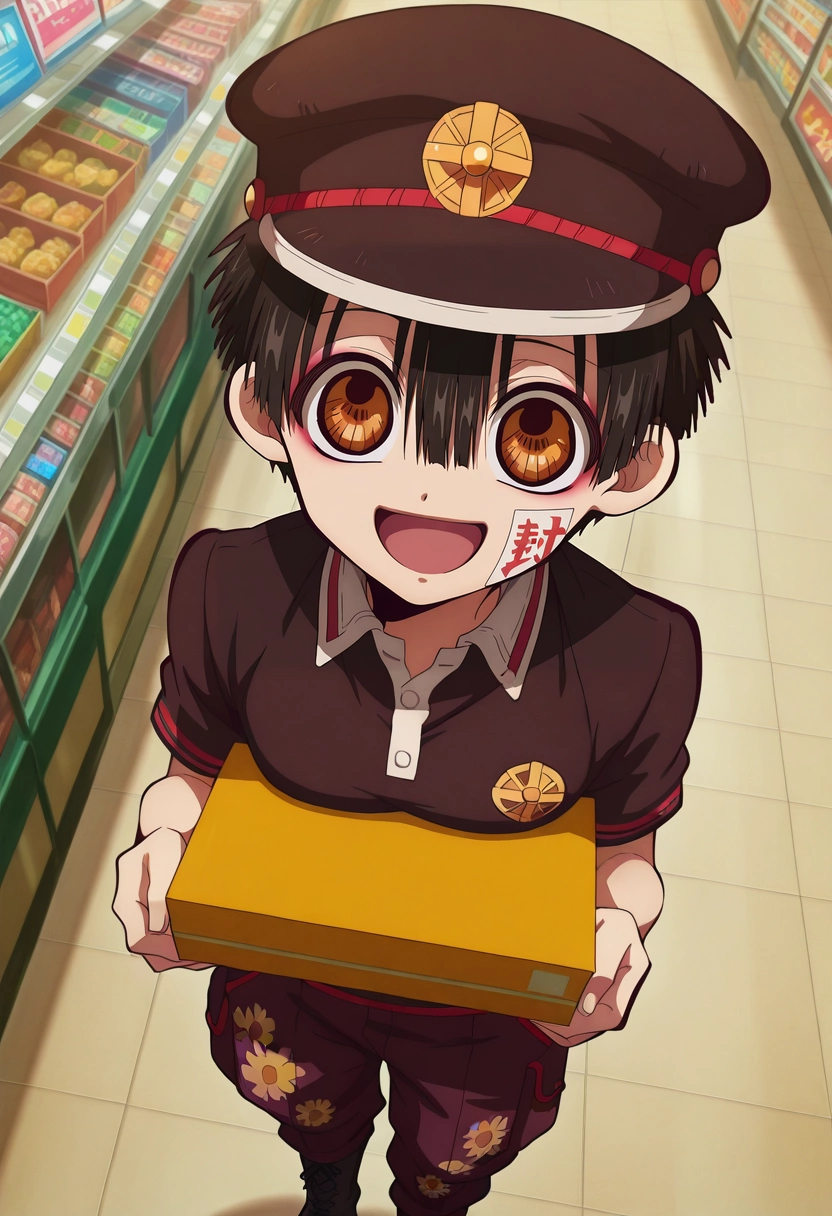 masterpiece, best quality, , anime screencap, , official style, , 1boy, solo, male focus, <lora:hanako-kun_ilxl:0.9>, hanako-kun, black hair, brown eyes, short hair, hair between eyes, bangs, hat, black headwear, , , from above, shopping mall, stores, signs, midnight, breast rest, :D, Floral Periwinkle Cargo jogger pants, Performance polo, Work boots, ,