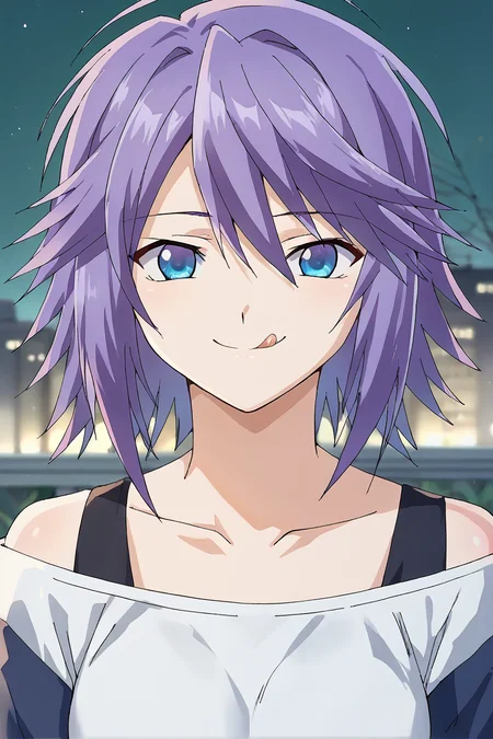 score_9, score_8_up, score_7_up, source_anime,Shirayuki Mizore, <lora:Shirayuki_Mizore_Pony:1>, purple hair, messy hair, blue eyes, casual clothes, standing, smile, closed mouth, ((tongue out, bleh)), meme, front view, background city, at night, best quality, masterpiece