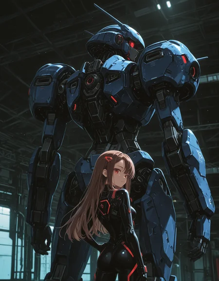 masterpiece,best quality,amazing quality,very aesthetic,absurdres, newest, anime coloring, girl, from behind, brown hair, asymmetrical bangs, long hair, looking back, looking at viewer, parted lips, huge mecha robot, dark blue mecha, mecha pilot suit, bodysuit, black bodysuit, red neon trim, hair ornament, cowboy shot, standing, hand on own hip, arm at side, solo, indoors, wires, hangar, <lora:negative-space-merged-3:1> negative space, very wide shot,